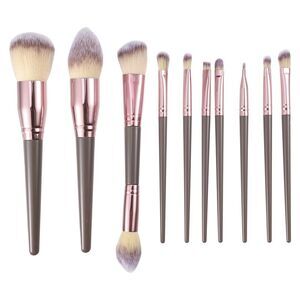 10 Pcs Plastic Metal Handle Makeup Brush Kit Champagne Brown Rose Gold Tone